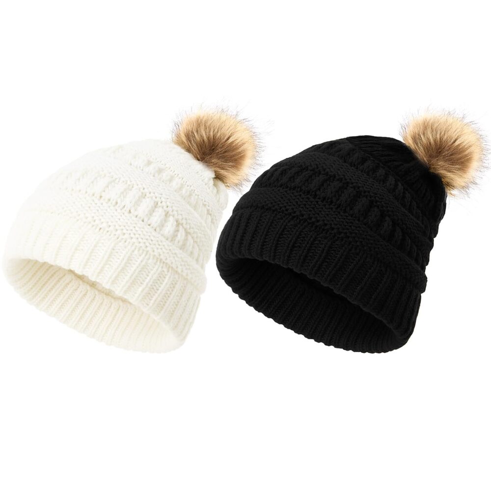 8985 2 Pcs Knit Beanie Chunky Baggy Hat with Pom Pom Winter Soft Warm Ski